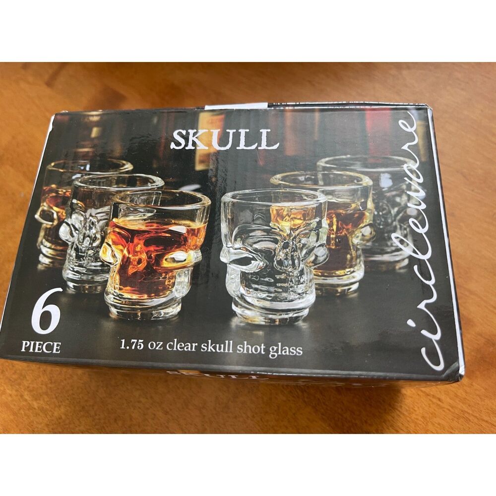 Vintage Circleware Skull Face Clear Whiskey Shot Glasses 1.75 oz Set of 6 NEW